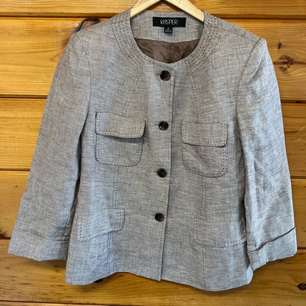 Kasper Women’s Brown Tweed Lined 4 Pockets Linen Longsleeve Jacket 10 - Picture 3 of 7